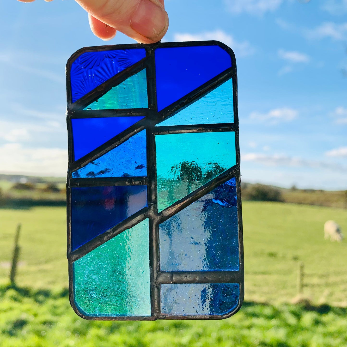 Handcrafted Stained Glass Suncatcher: Ocean Blue Geometric Design