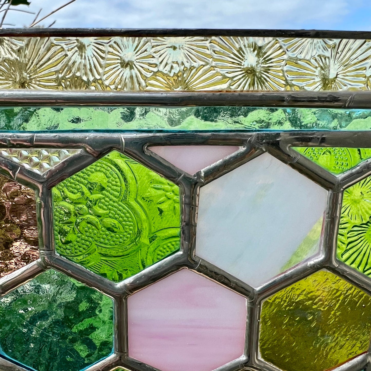 Stained Glass Honeycomb Panel in pretty Pastel Colours including vintage glass