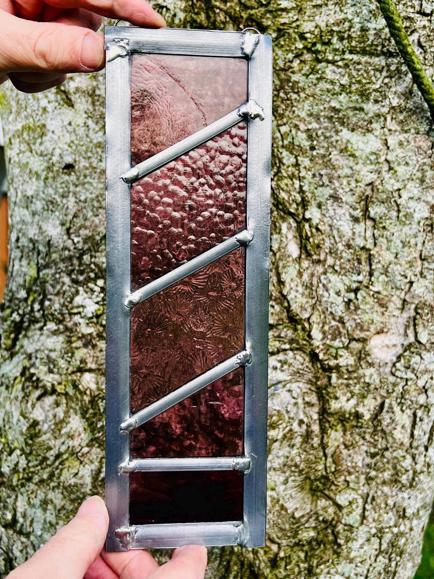 Handcrafted Leaded Stained Glass Panel - Plum Purple Garden Art