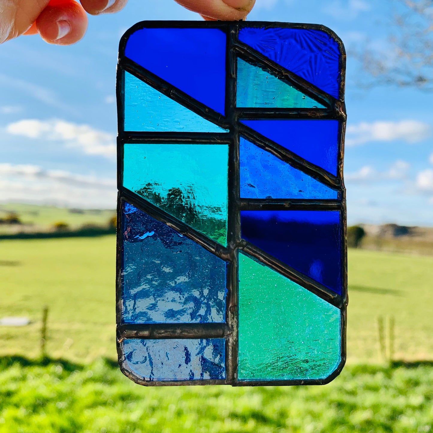 Handcrafted Stained Glass Suncatcher: Ocean Blue Geometric Design