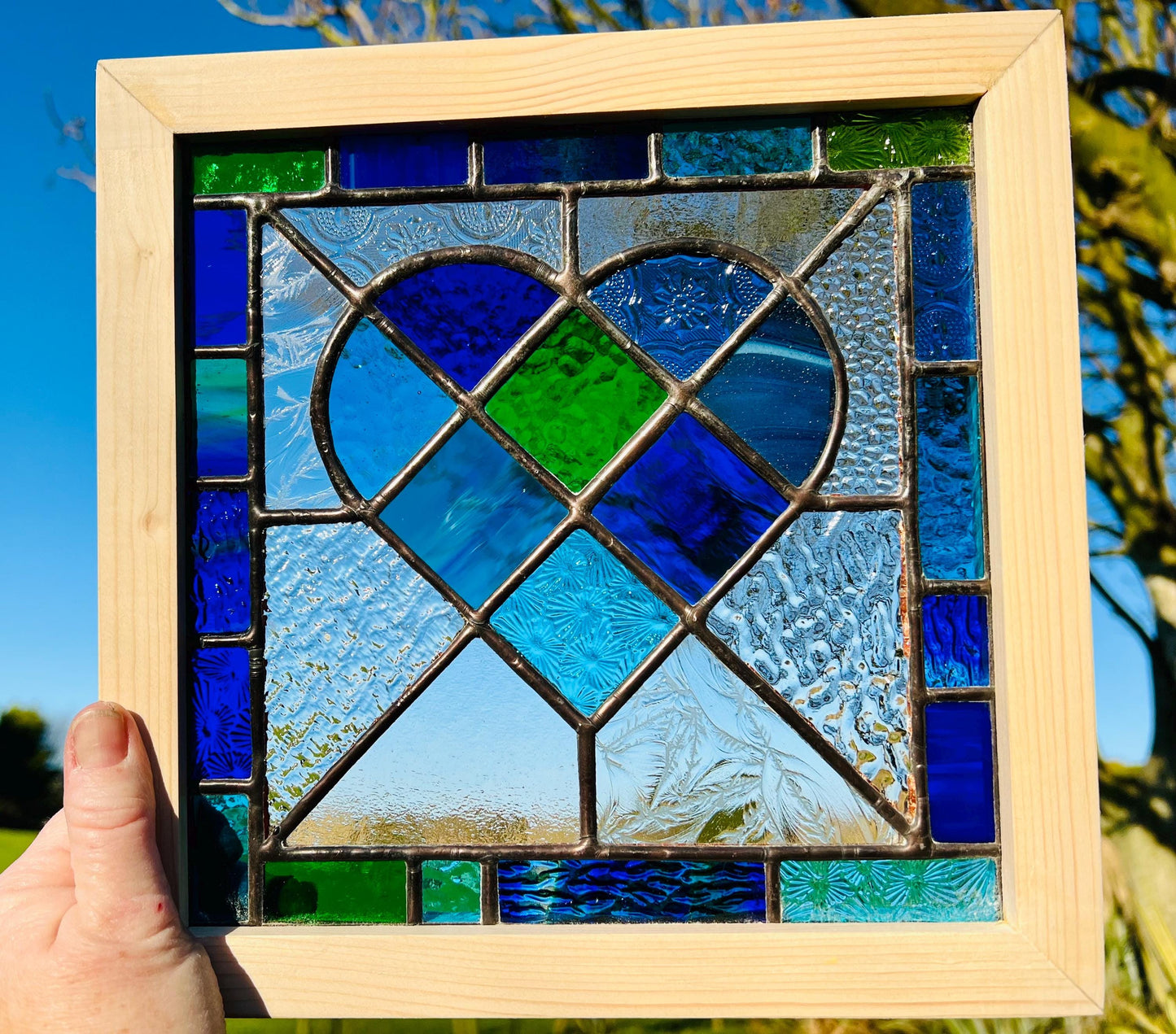 Framed Stained Glass Heart: Blue & Green Patchwork, Handcrafted Pine Frame