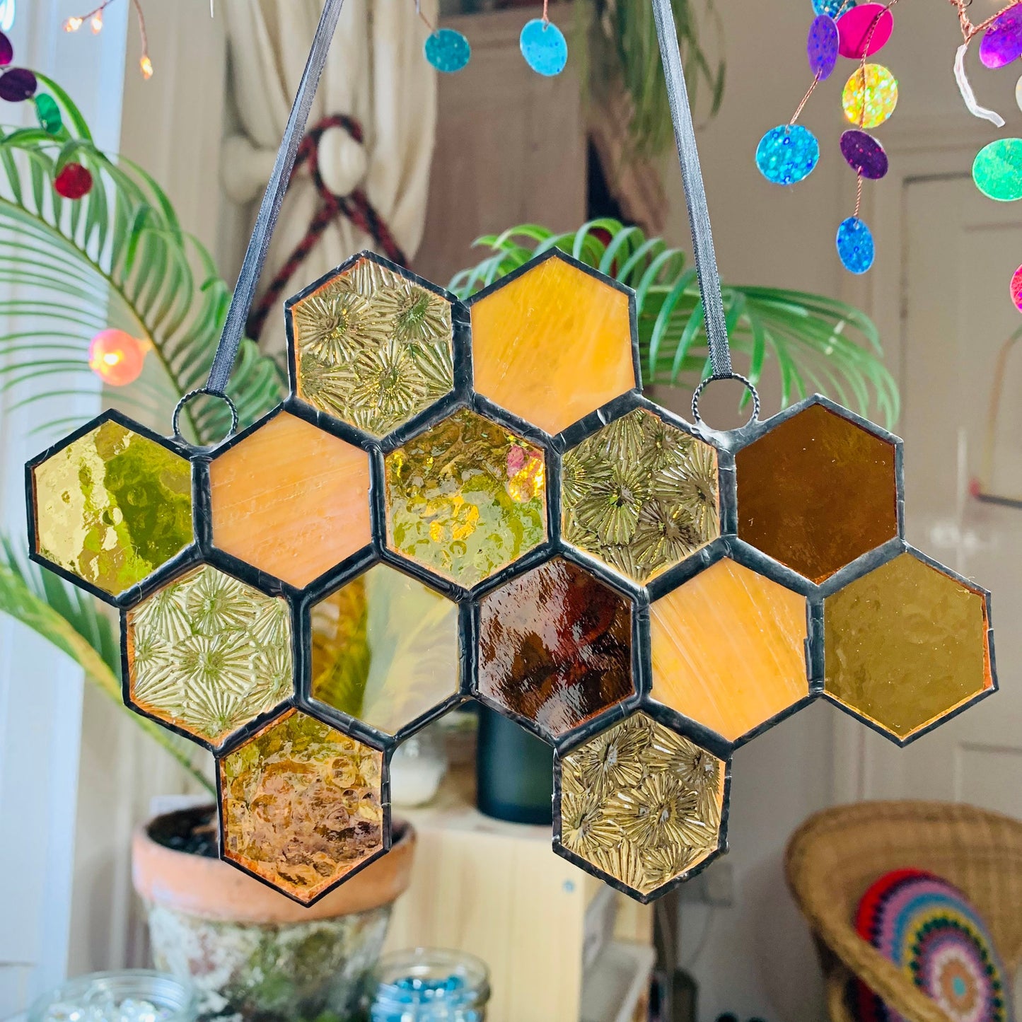 Stained Glass Honeycomb Suncatcher Gift for Gardener Golden Anniversary