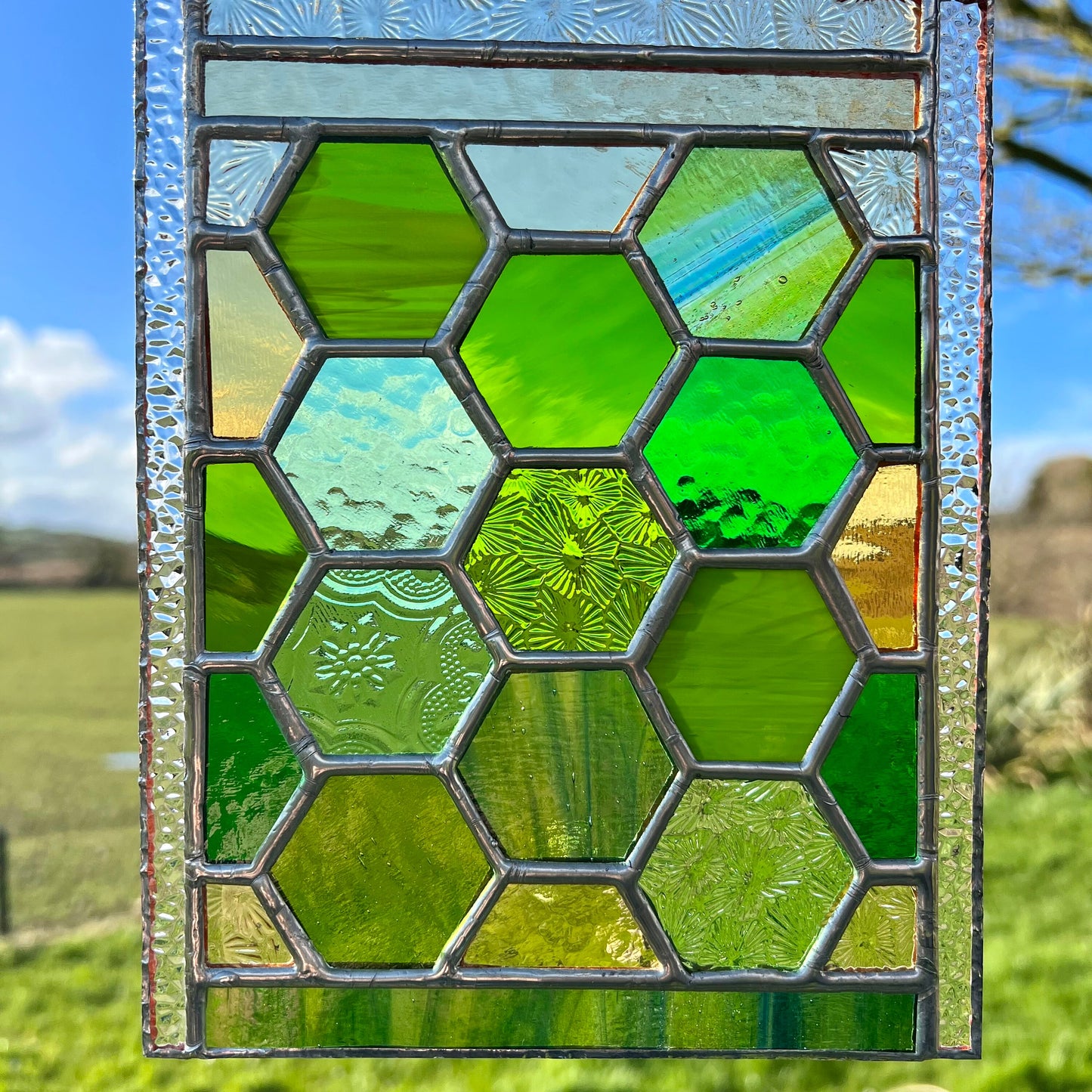 Stained Glass Honeycomb Panel in gorgeous greens including lots of textures.