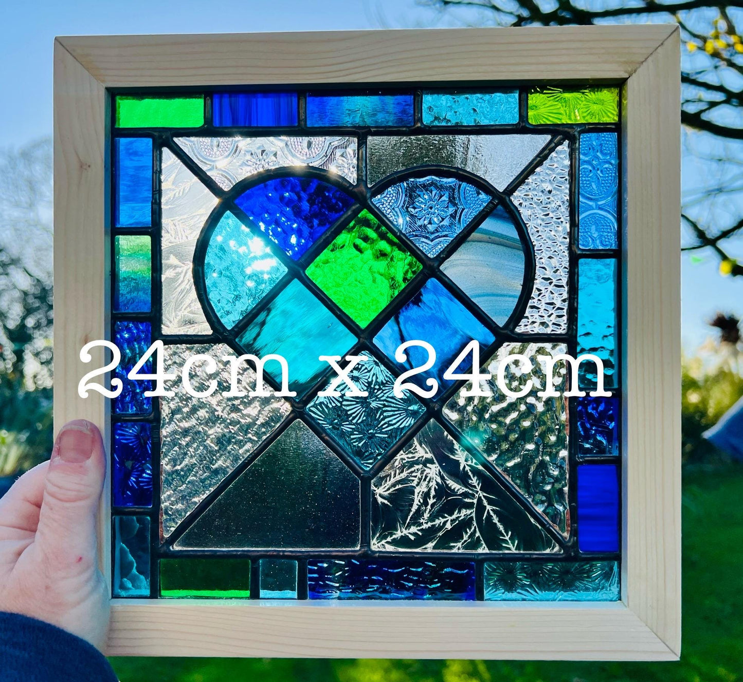 Framed Stained Glass Heart: Blue & Green Patchwork, Handcrafted Pine Frame