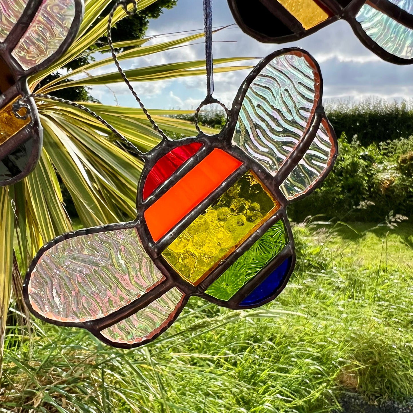 Rainbow Stained Glass Bee Suncatcher: Iridescent Window Decor