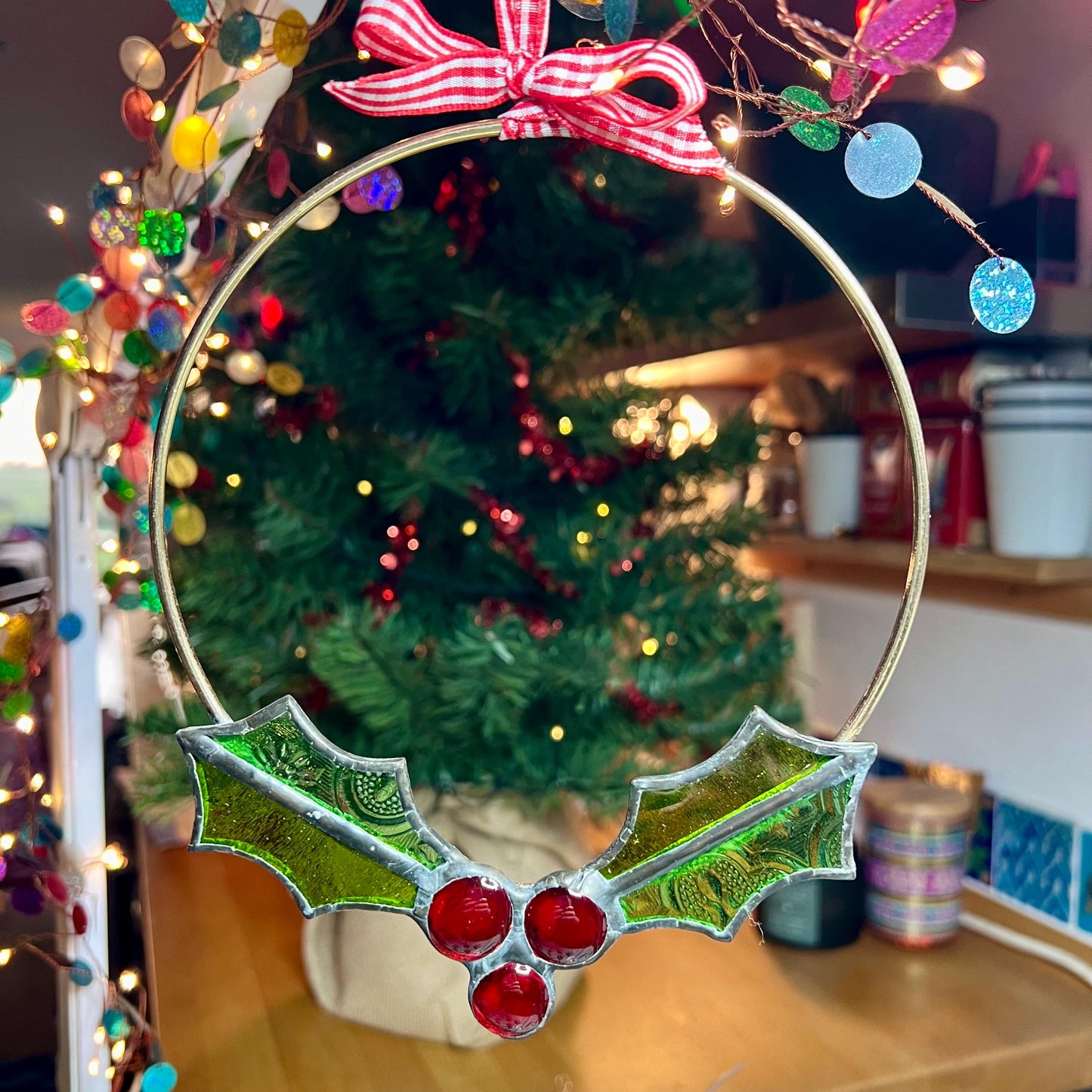 Stained Glass mini Christmas Wreath Holly Wreath