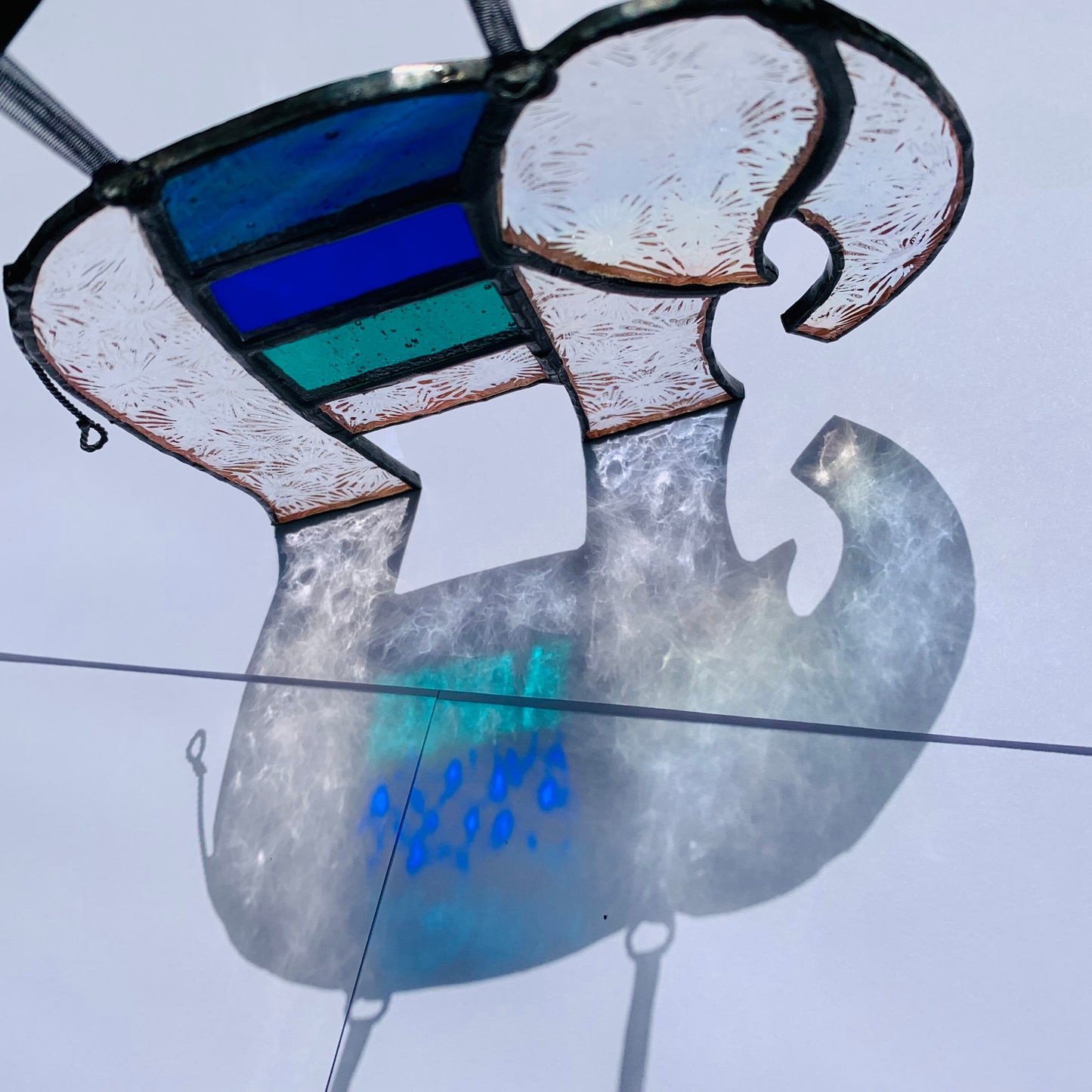 Pretty Elephant Stained Glass Suncatcher in shades of blue & turquoise with iridescent ..