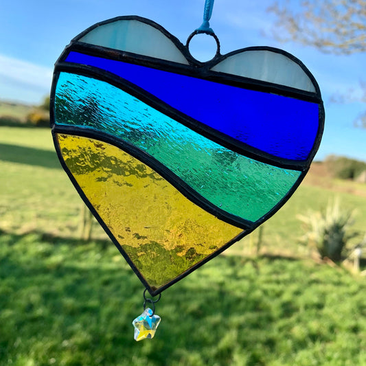 Stained Glass Heart Suncatcher: Sea Blue Colors, Star Prism