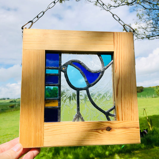 Handmade Stained Glass Blue Bird Window Panel – Framed Art
