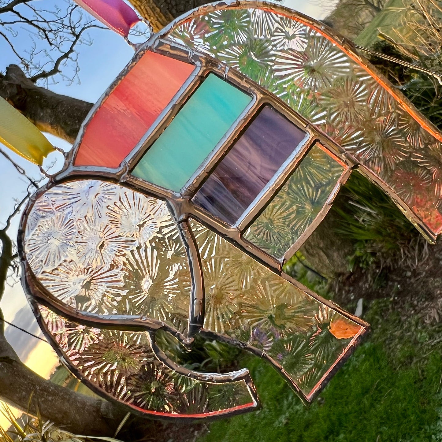 Pretty Elephant Stained Glass Suncatcher in shades of purple with iridescent ..