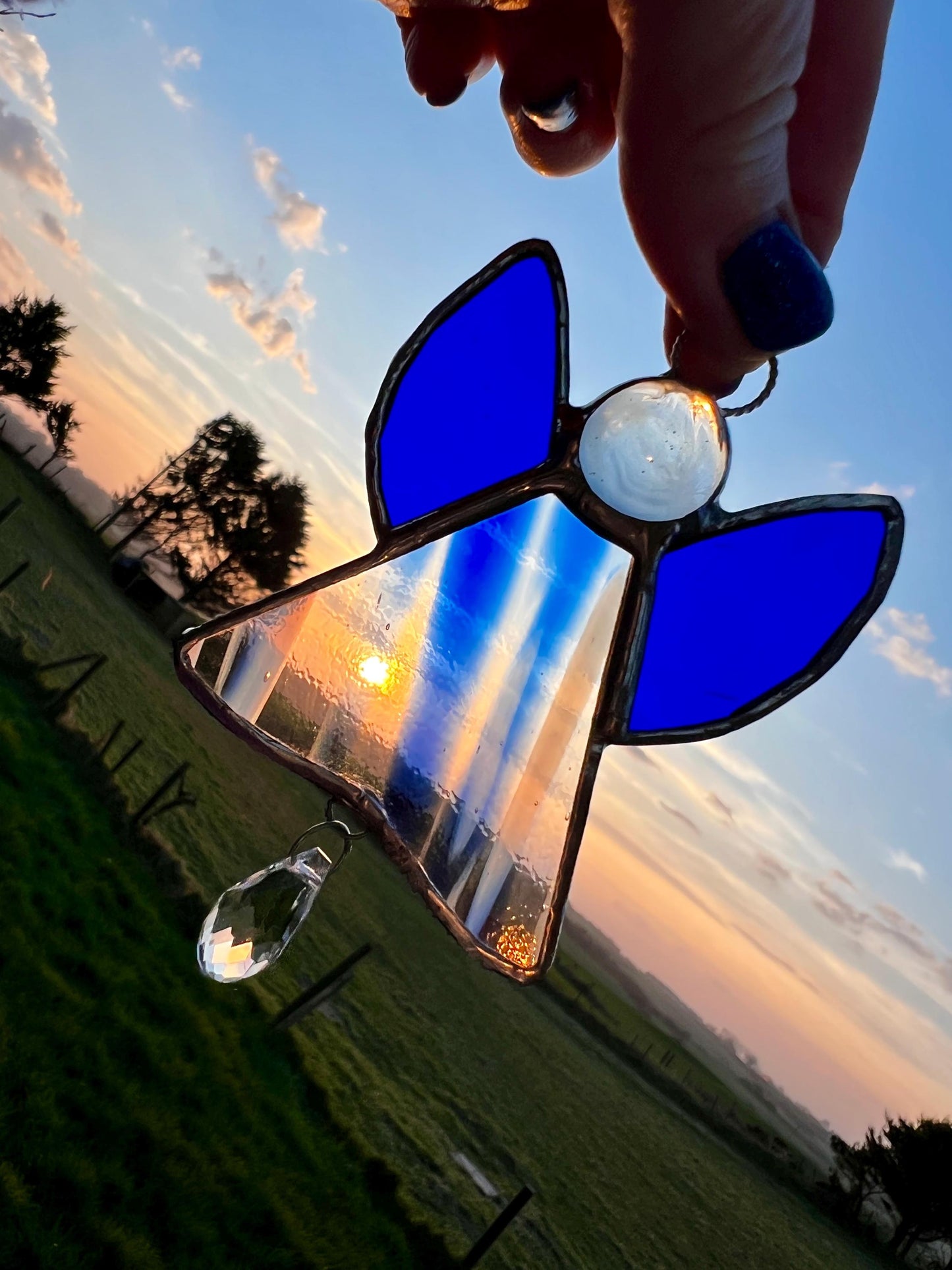 Blue Stained Glass Angel Suncatcher with Prism – Handmade Window Ornament