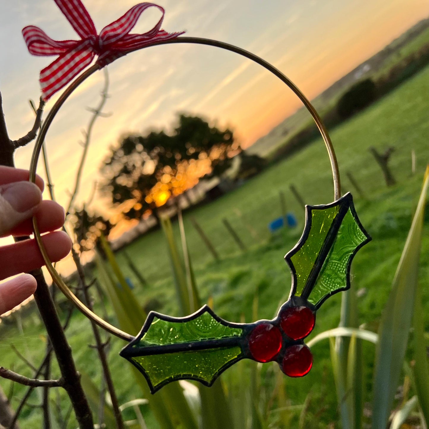 Stained Glass mini Christmas Wreath Holly Wreath
