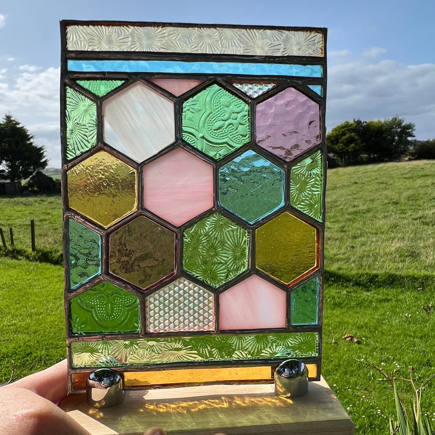 Stained Glass Honeycomb Panel in pretty Pastel Colours including vintage glass
