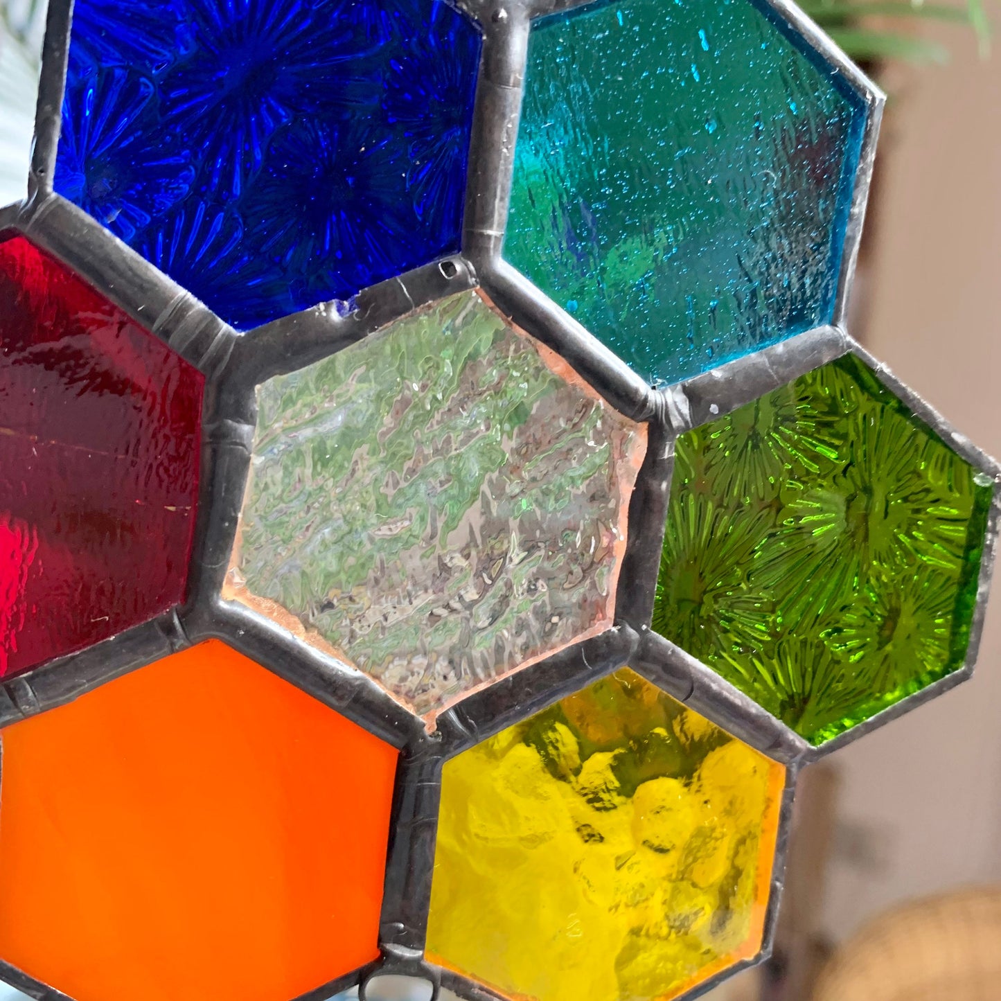 Rainbow Honeycomb Stained Glass Suncatcher with Prism