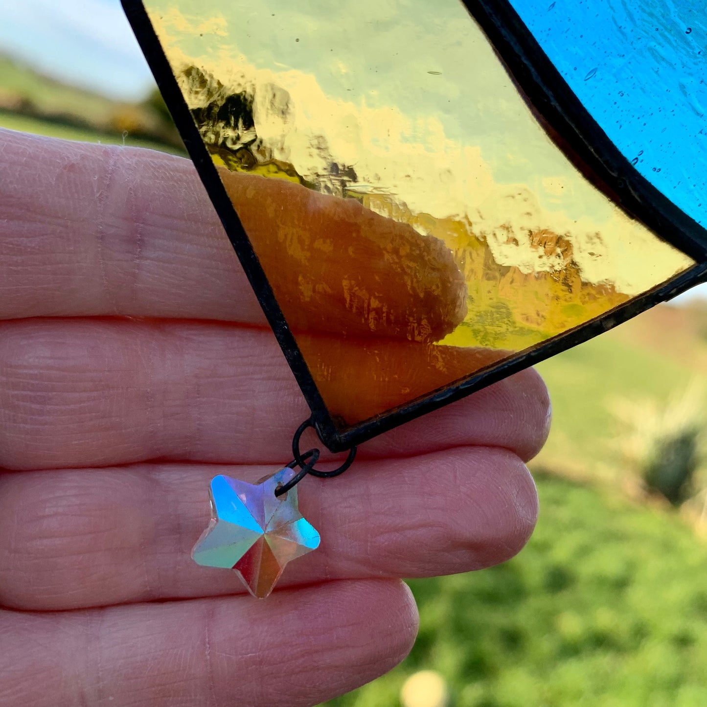 Stained Glass Heart Suncatcher: Sea Blue Colors, Star Prism