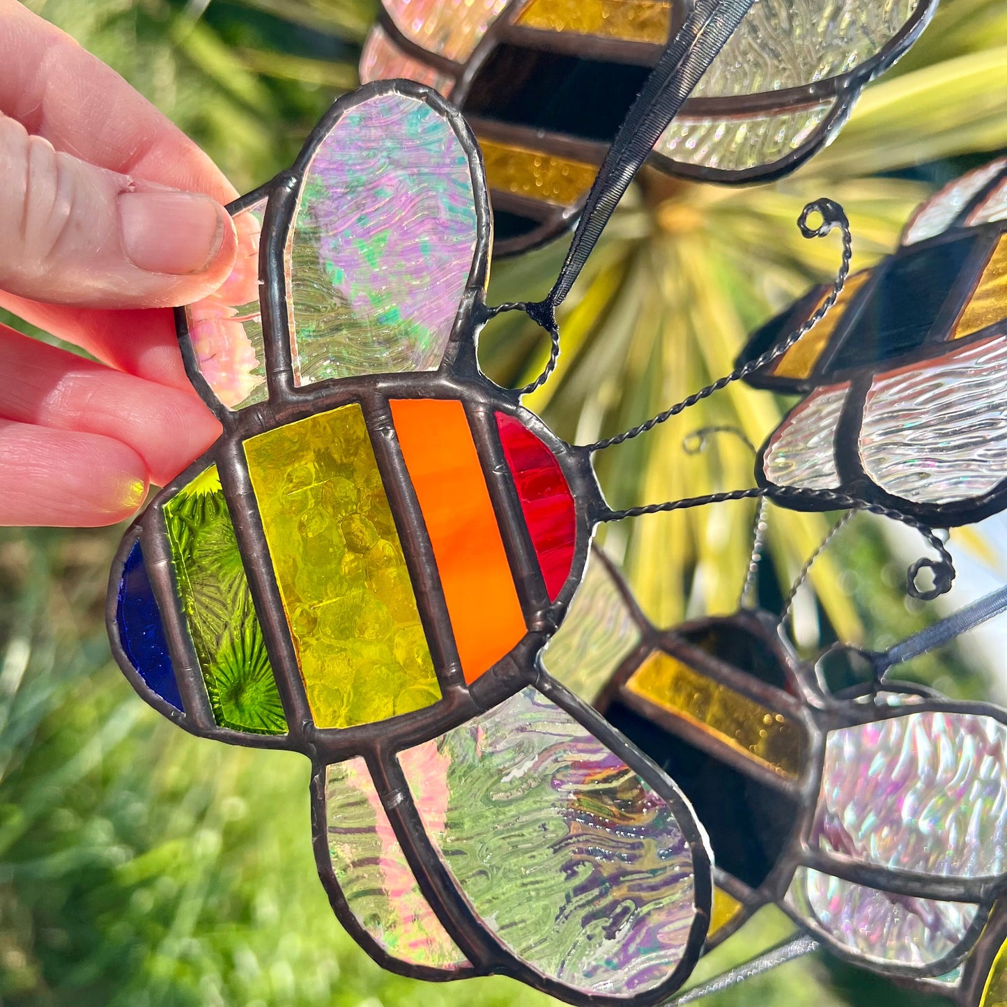 Rainbow Stained Glass Bee Suncatcher: Iridescent Window Decor