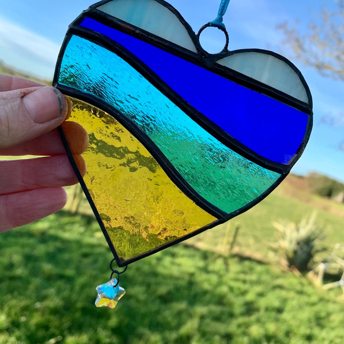 Stained Glass Heart Suncatcher: Sea Blue Colors, Star Prism