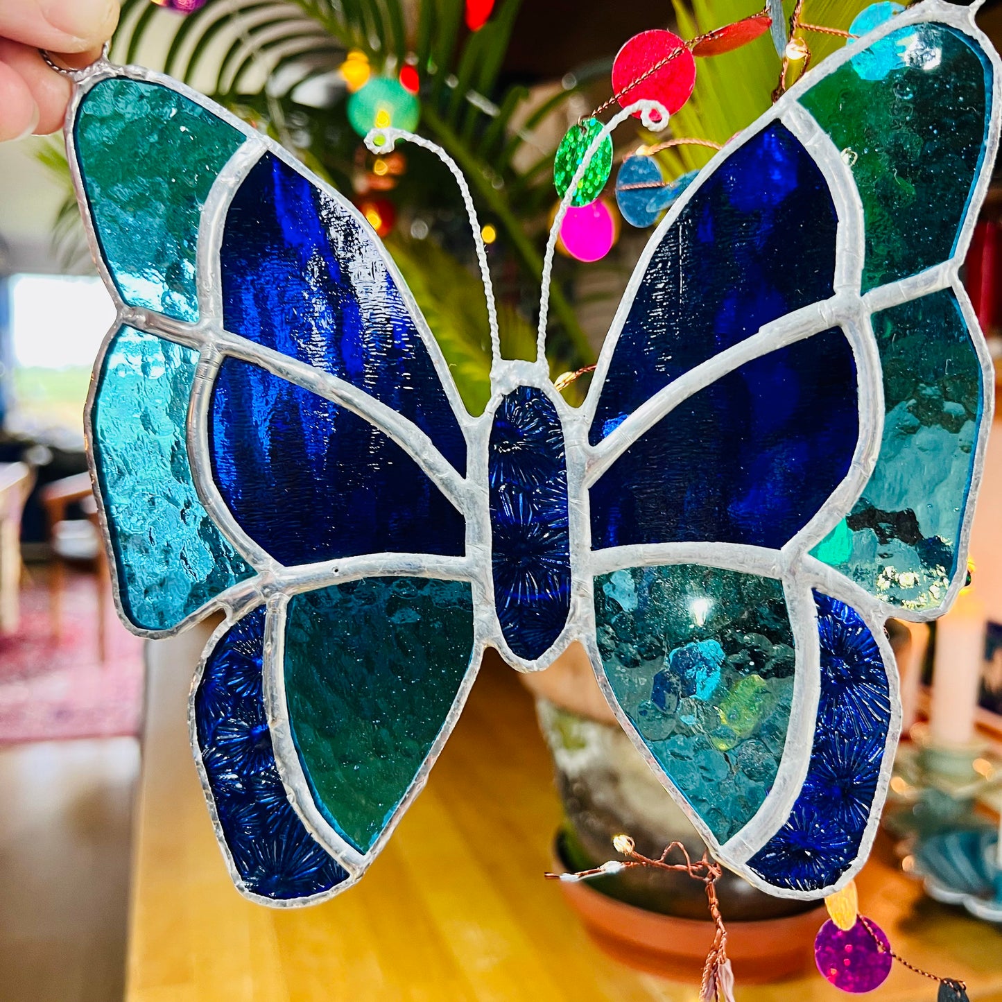 Blue Stained Glass Butterfly Suncatcher, Turquoise Cobalt Window Hanging