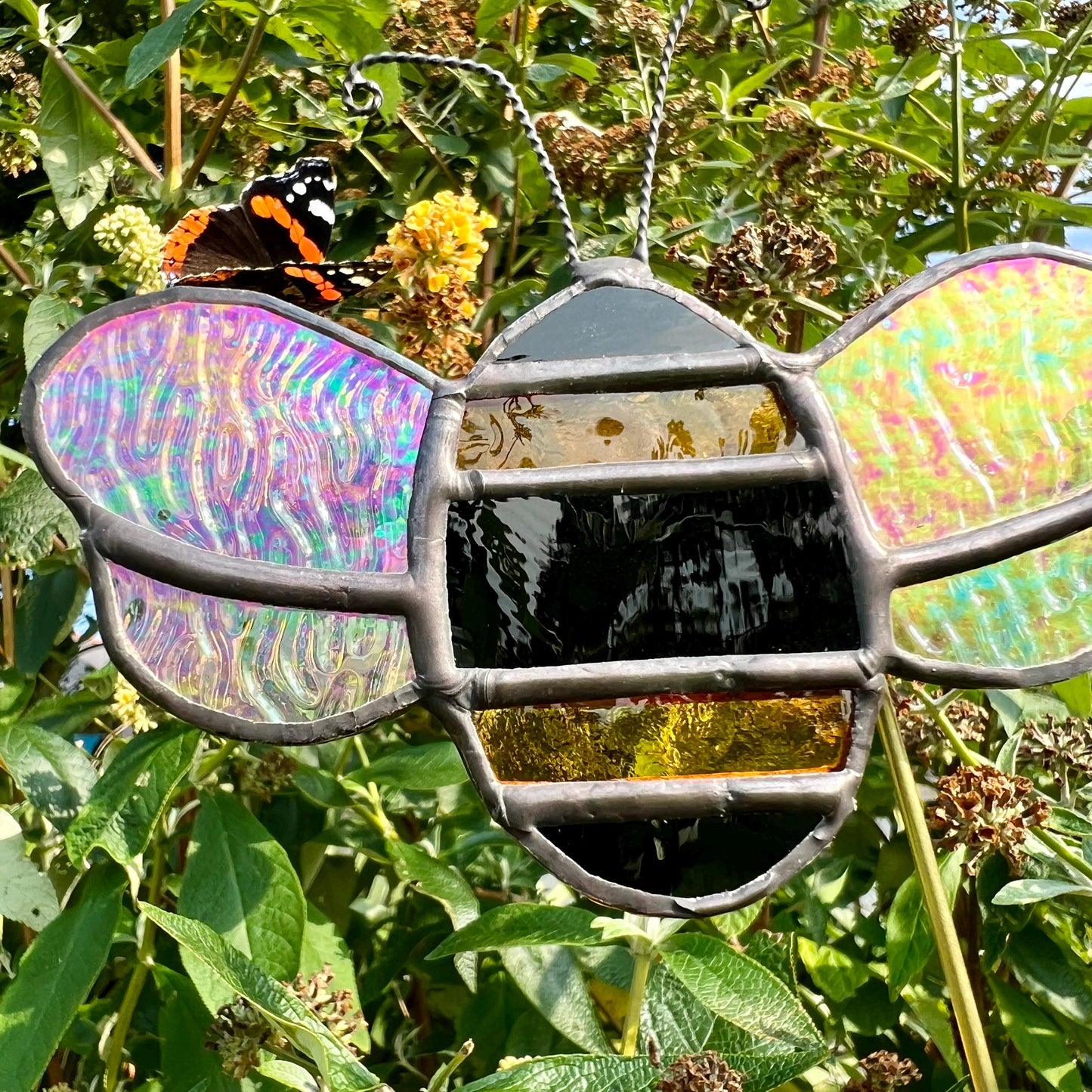 Stained Glass Bee Plant Stake: Iridescent Wings, Garden Decor