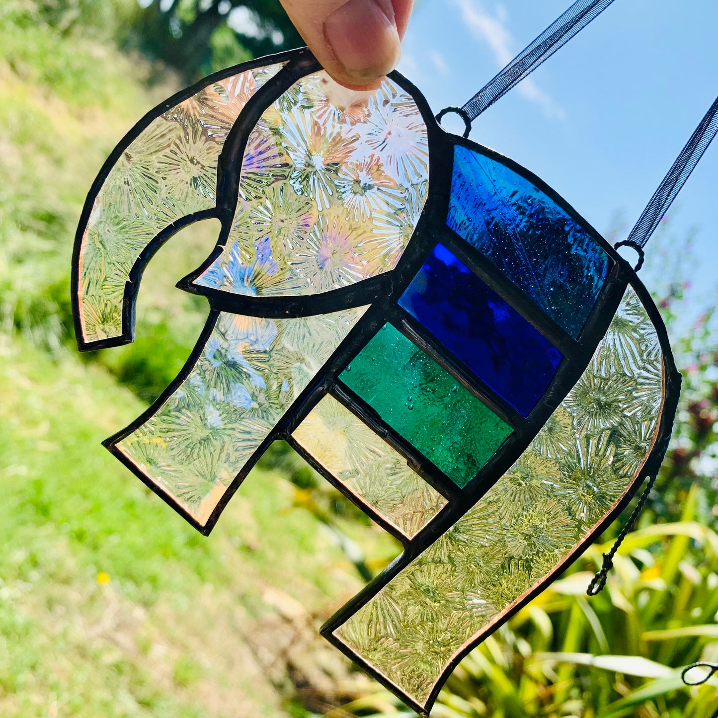Pretty Elephant Stained Glass Suncatcher in shades of blue & turquoise with iridescent ..