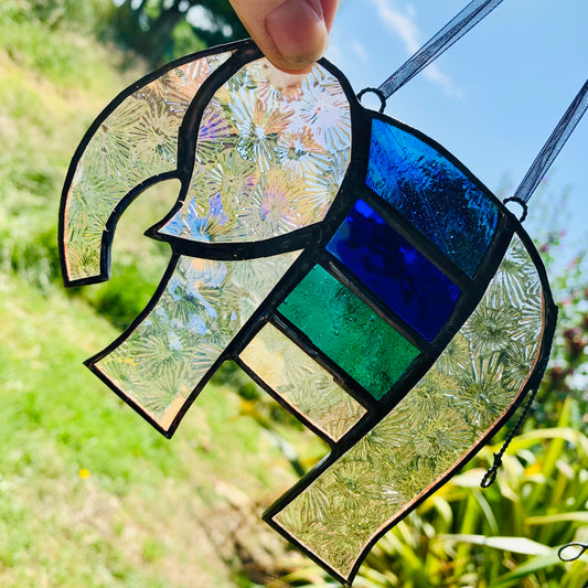 Pretty Elephant Stained Glass Suncatcher in shades of blue & turquoise with iridescent ..
