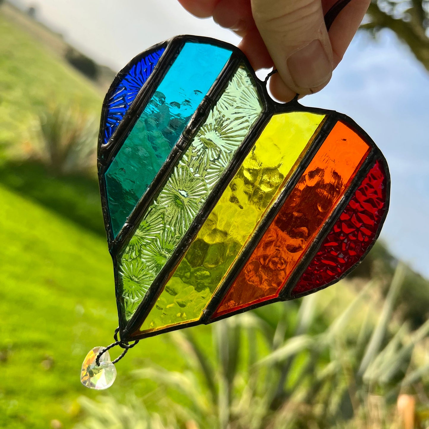 Handcrafted Rainbow Stained Glass Heart Suncatcher with Prism