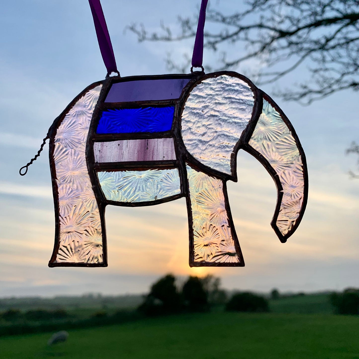 Pretty Elephant Stained Glass Suncatcher in shades of purple with iridescent ..
