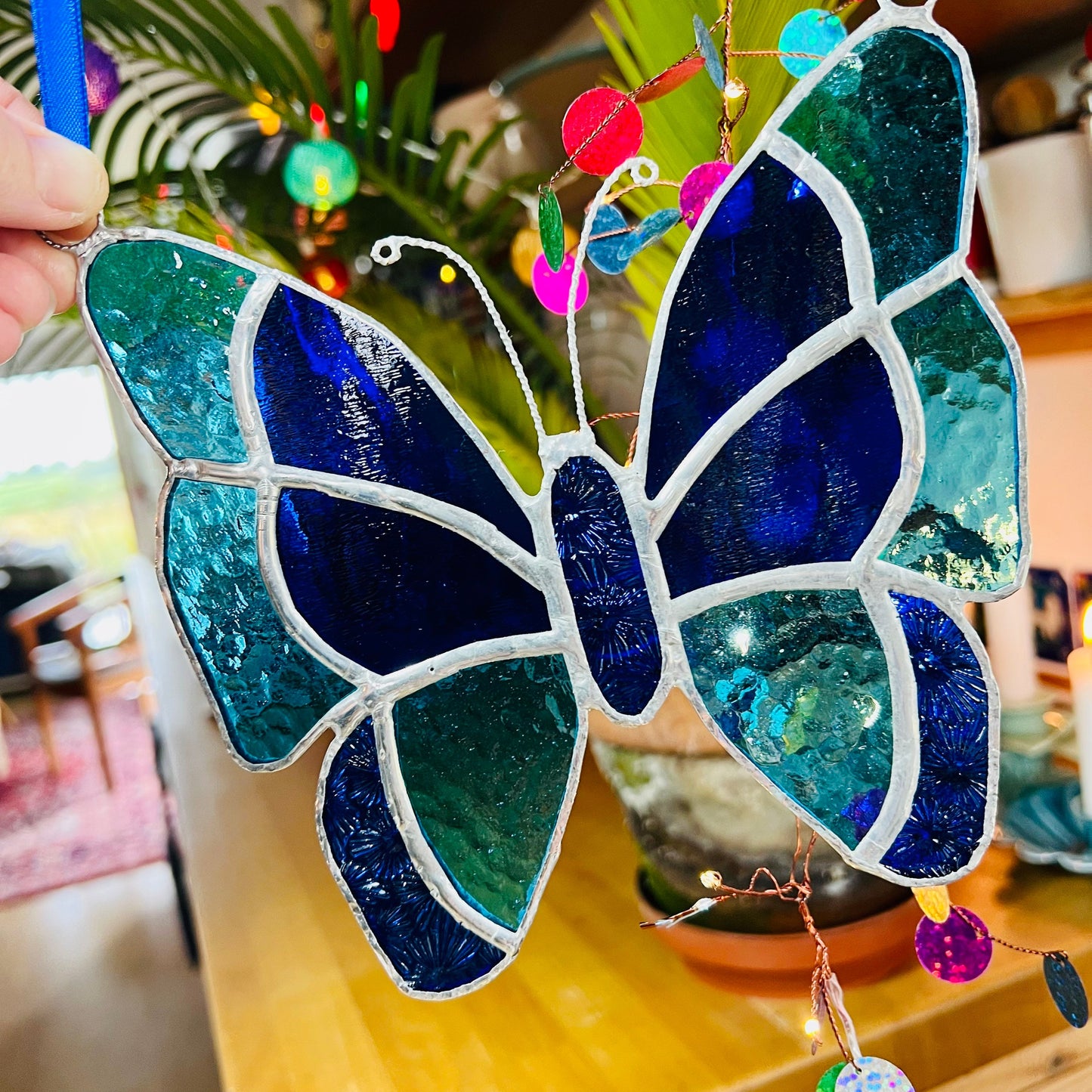 Blue Stained Glass Butterfly Suncatcher, Turquoise Cobalt Window Hanging