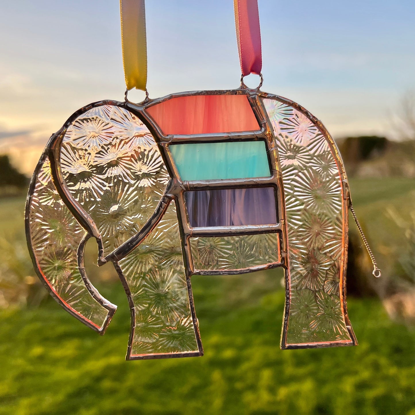 Pretty Elephant Stained Glass Suncatcher in shades of purple with iridescent ..