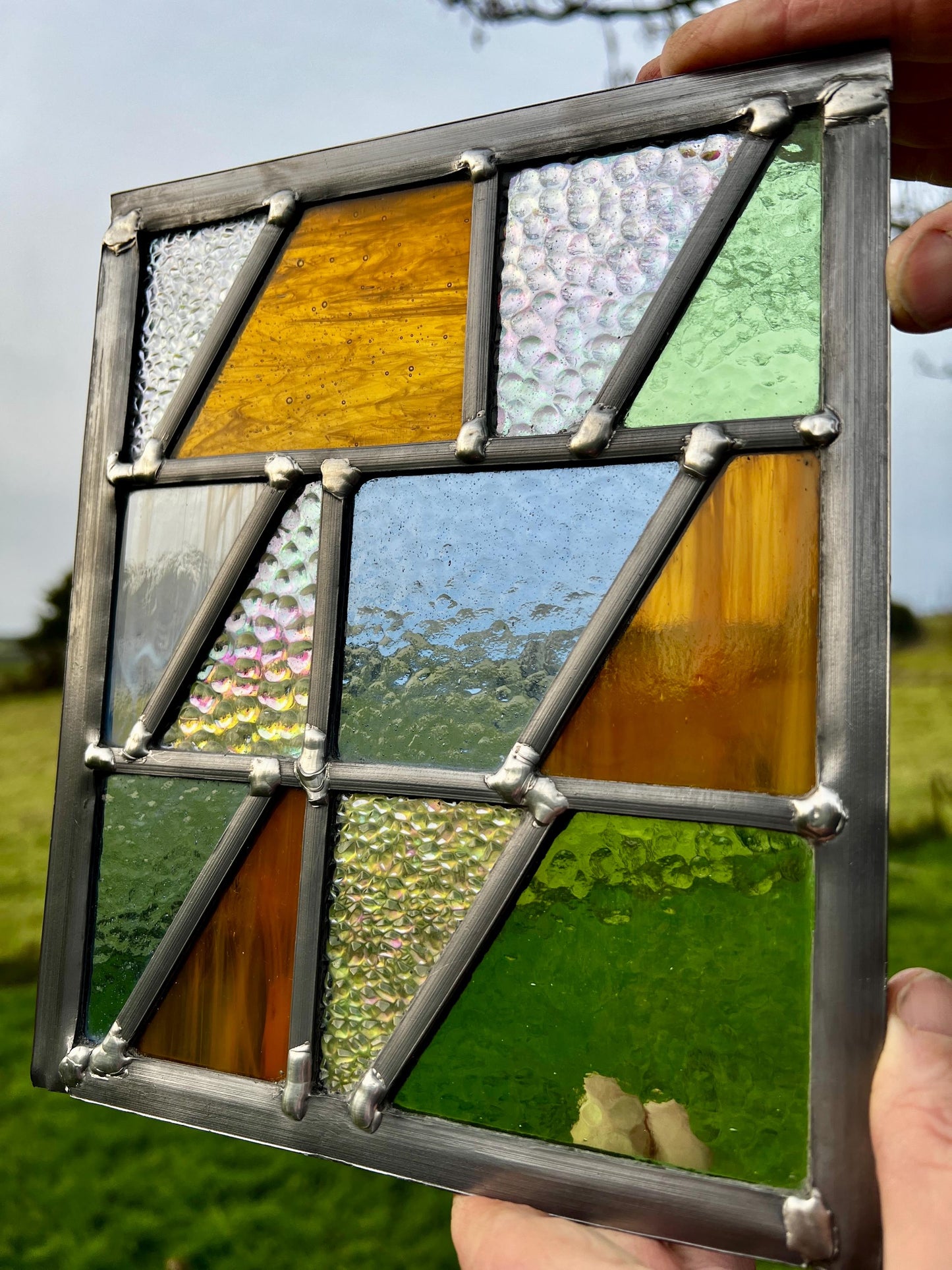 Handcrafted Leaded Stained Glass Panel, Weatherproof Garden Art