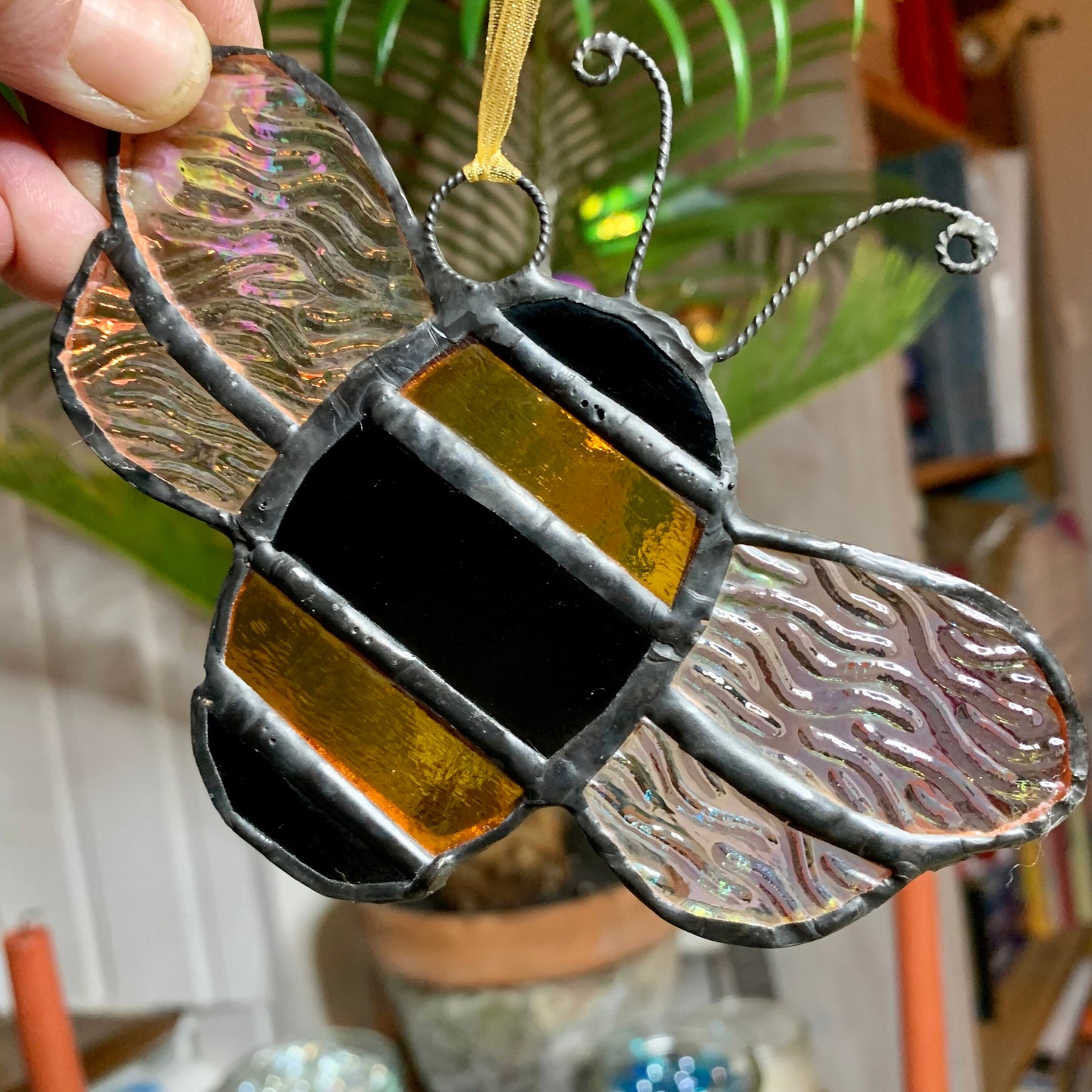Stained Glass Bee Suncatcher, Iridescent Wings, Nature Lover Gift