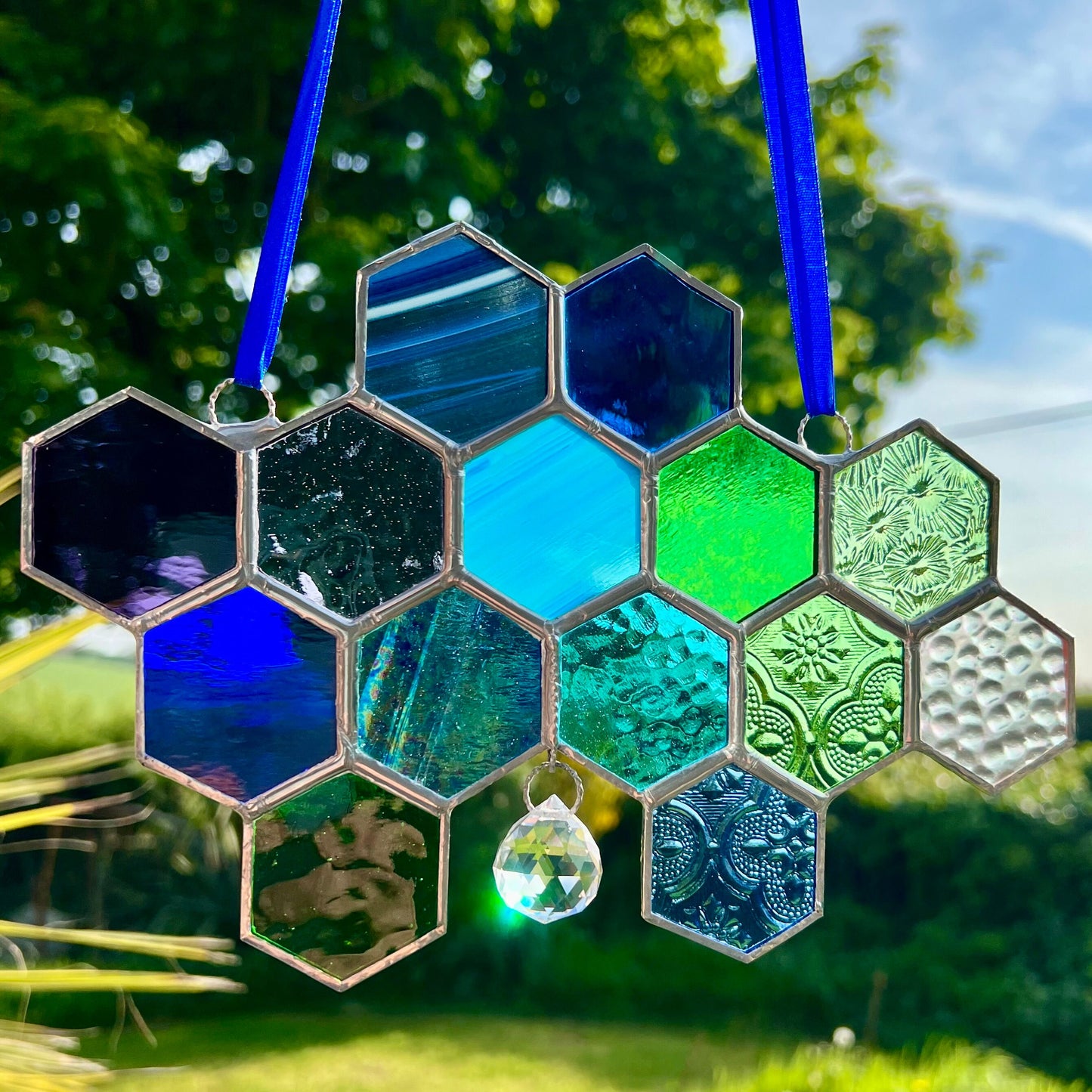 Stained Glass Honeycomb Suncatcher, Iridescent Glass Prism, Gift for Gardener