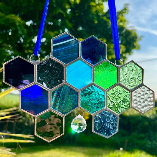 Stained Glass Honeycomb Suncatcher, Iridescent Glass Prism, Gift for Gardener