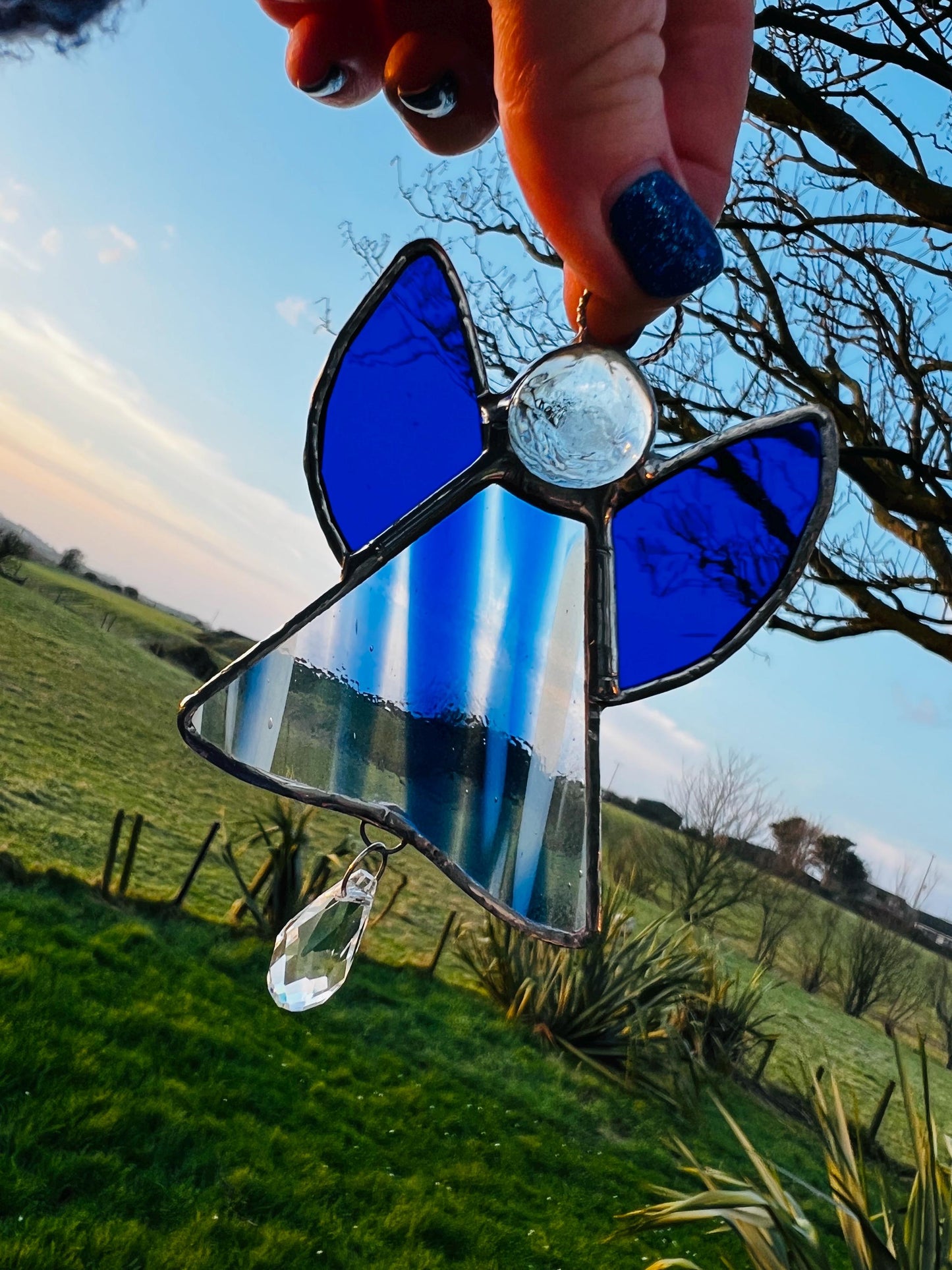 Blue Stained Glass Angel Suncatcher with Prism – Handmade Window Ornament