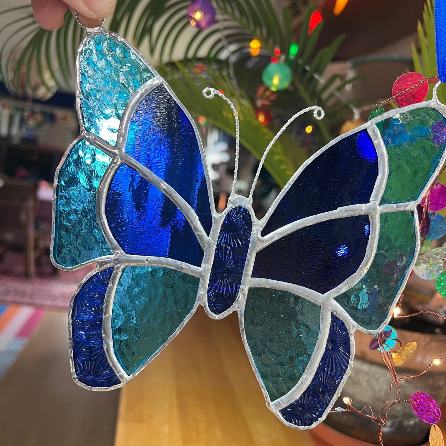 Blue Stained Glass Butterfly Suncatcher, Turquoise Cobalt Window Hanging