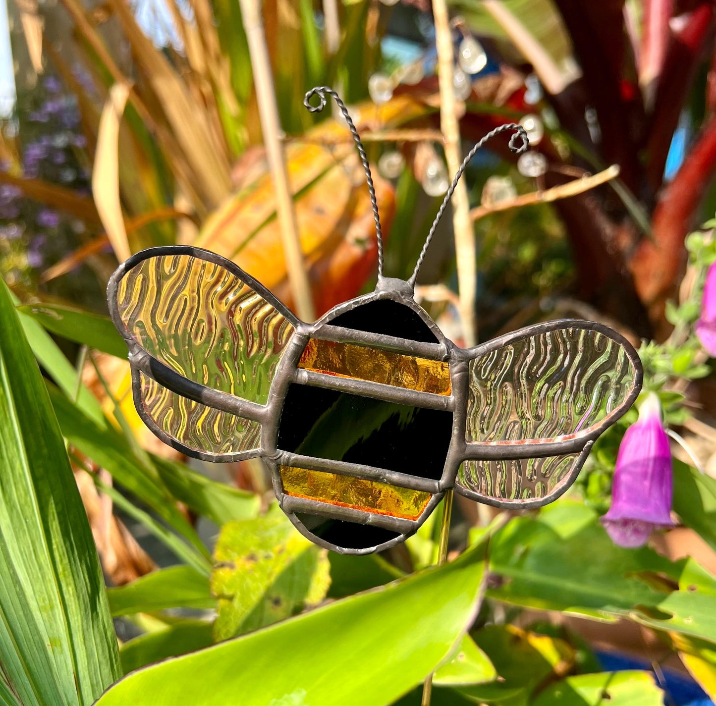 Stained Glass Bee Plant Stake: Iridescent Wings, Garden Decor