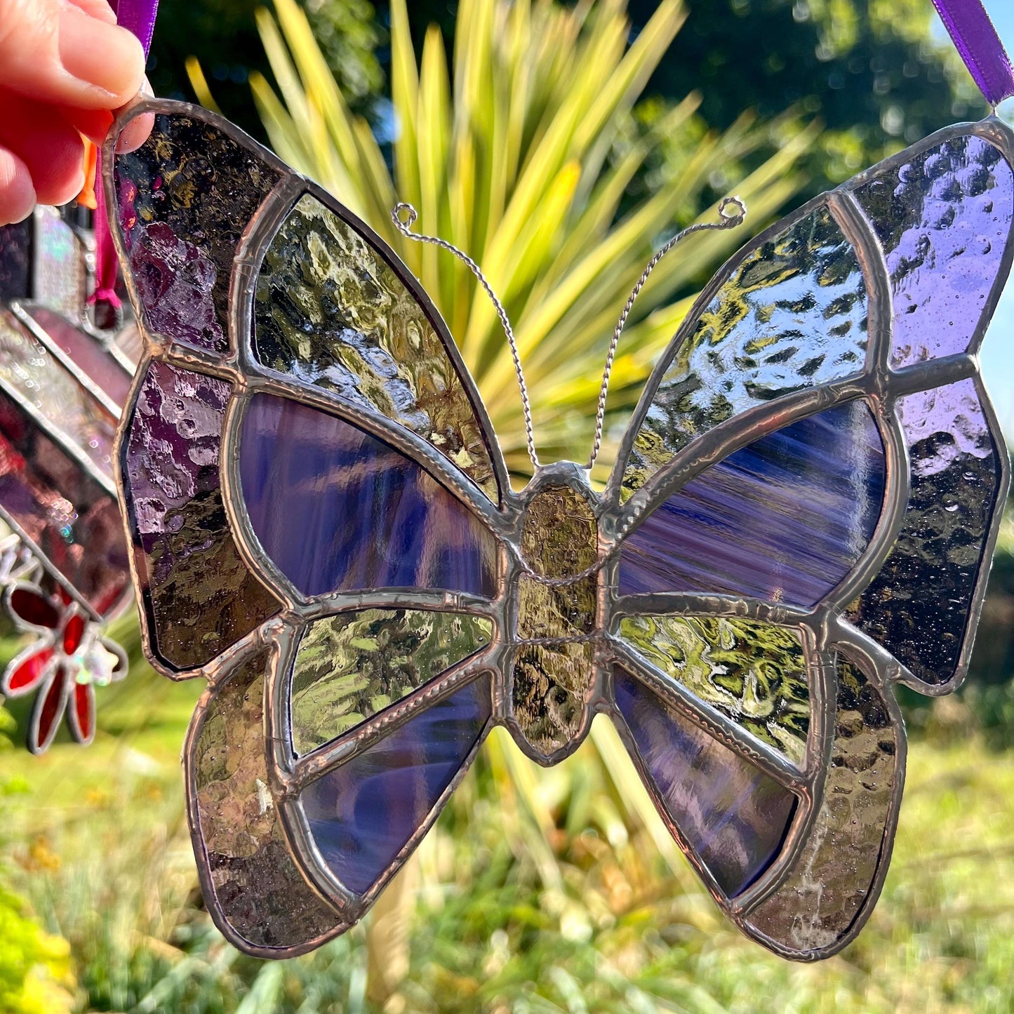 Purple Stained Glass Butterfly Suncatcher: Handcrafted Window Decor