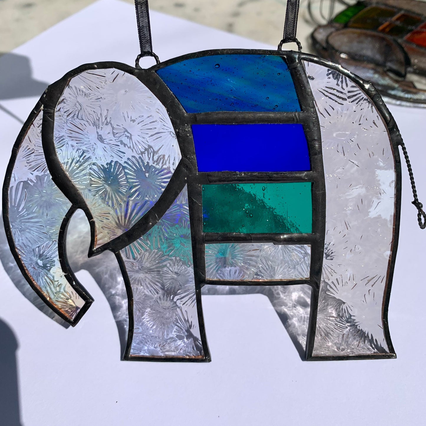 Pretty Elephant Stained Glass Suncatcher in shades of blue & turquoise with iridescent ..