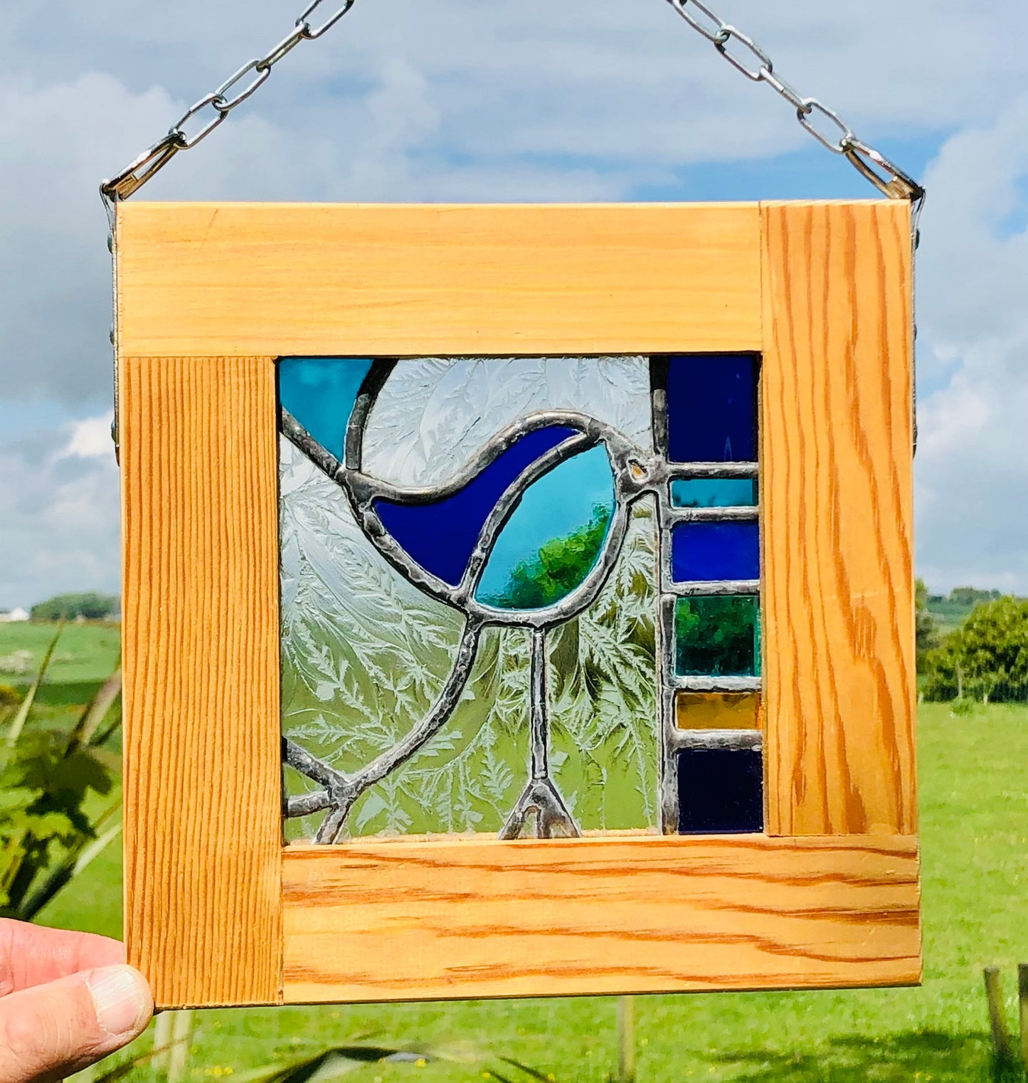 Handmade Stained Glass Blue Bird Window Panel – Framed Art