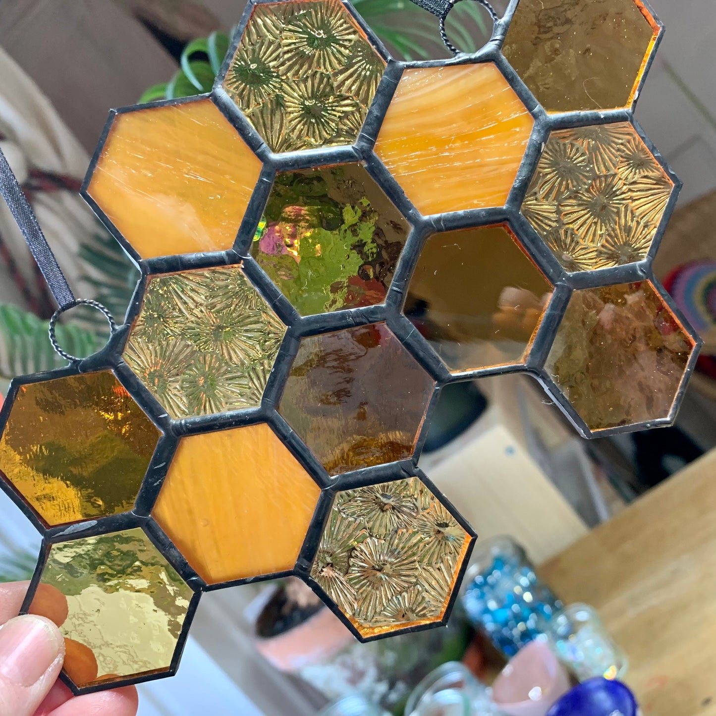 Stained Glass Honeycomb Suncatcher Gift for Gardener Golden Anniversary