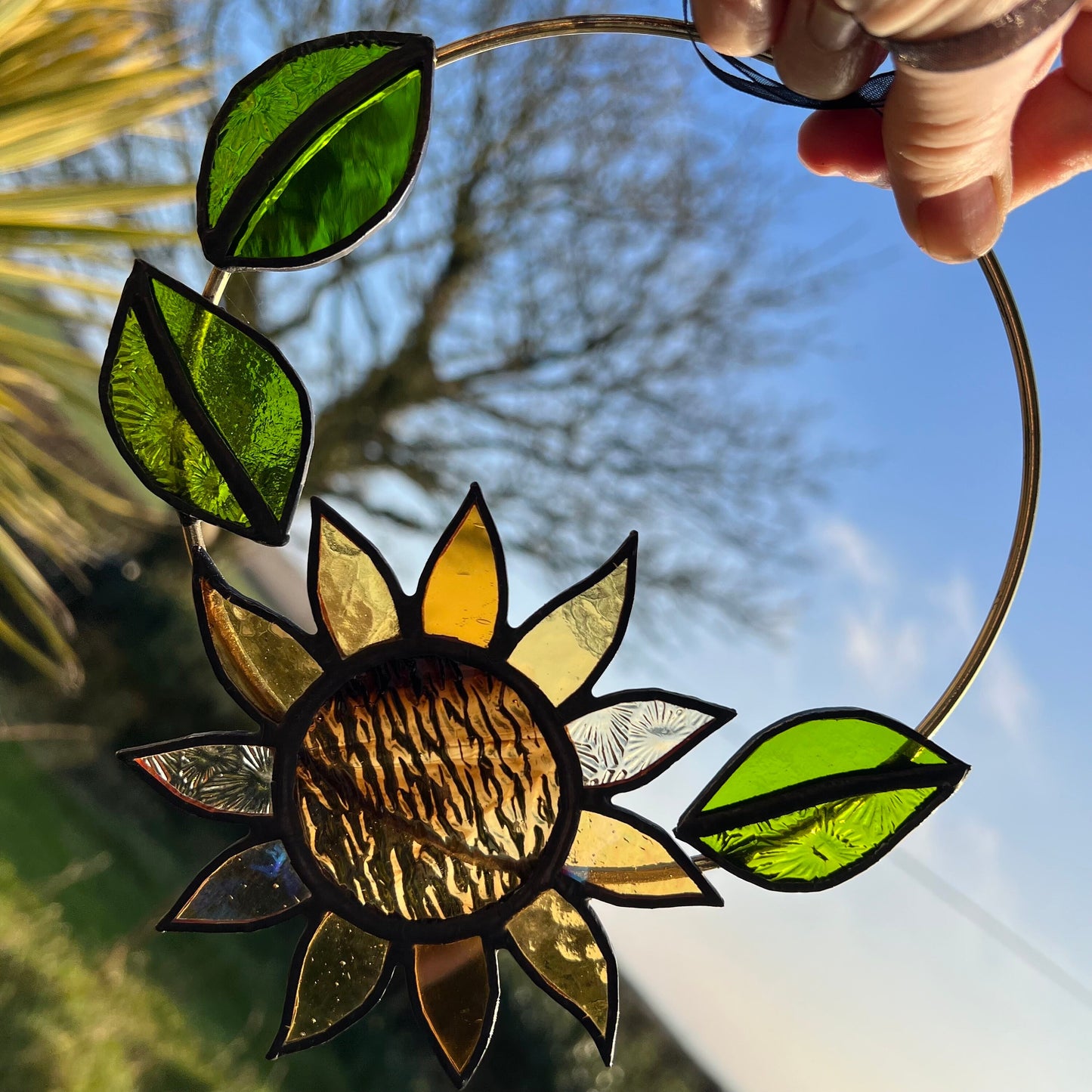 Stained Glass Sunflower Mini Wreath: Sunshine Yellow Floral Decor