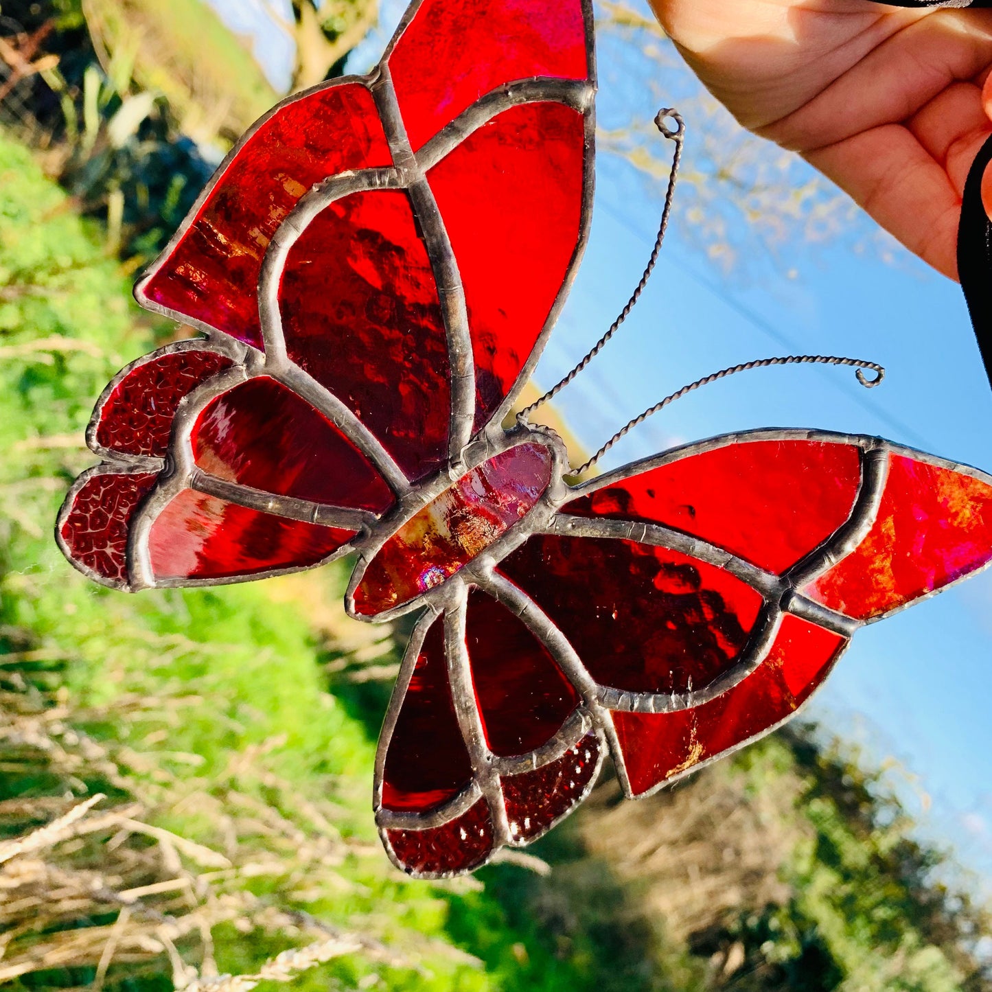 Red Stained Glass Butterfly Suncatcher, Iridescent Window Decor