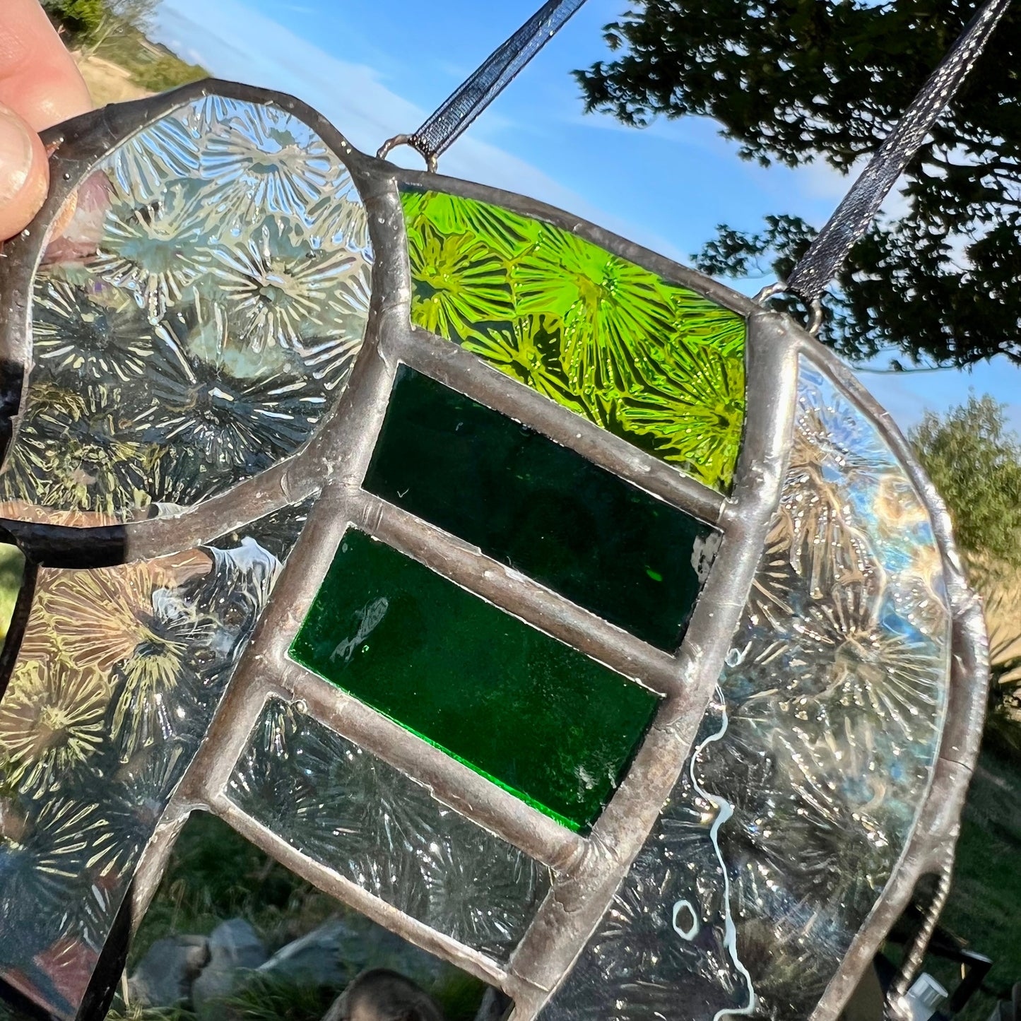 Pretty Elephant Stained Glass Suncatcher in shades of Emerald Green with iridescent body ….