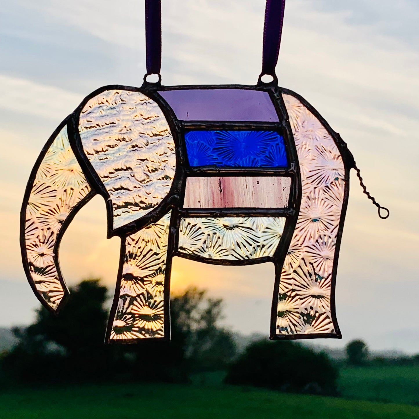 Pretty Elephant Stained Glass Suncatcher in shades of purple with iridescent ..