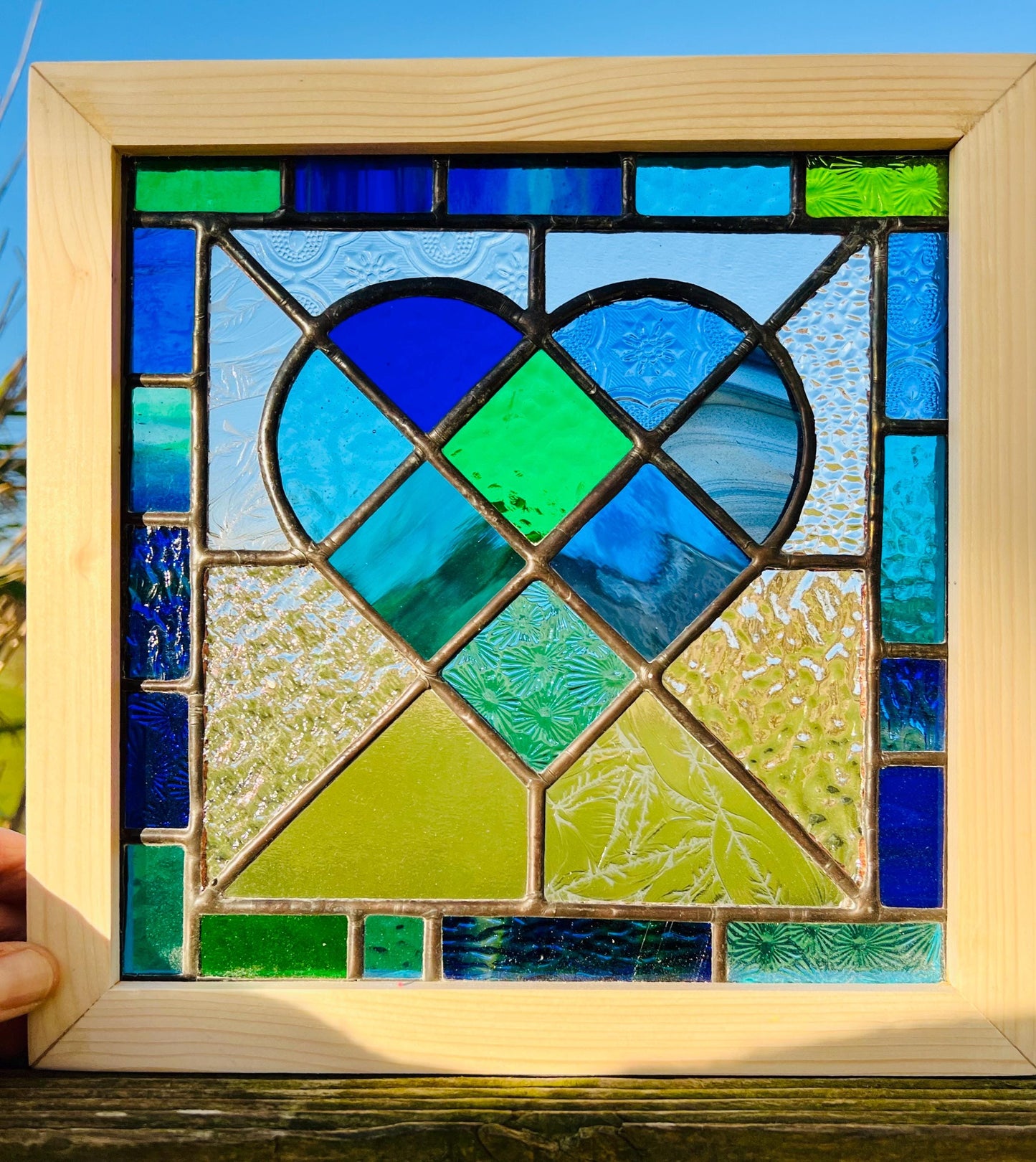Framed Stained Glass Heart: Blue & Green Patchwork, Handcrafted Pine Frame