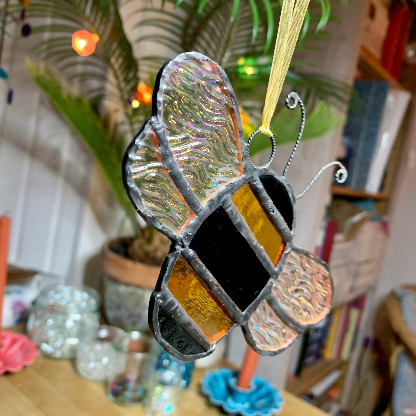Stained Glass Bee Suncatcher, Iridescent Wings, Nature Lover Gift