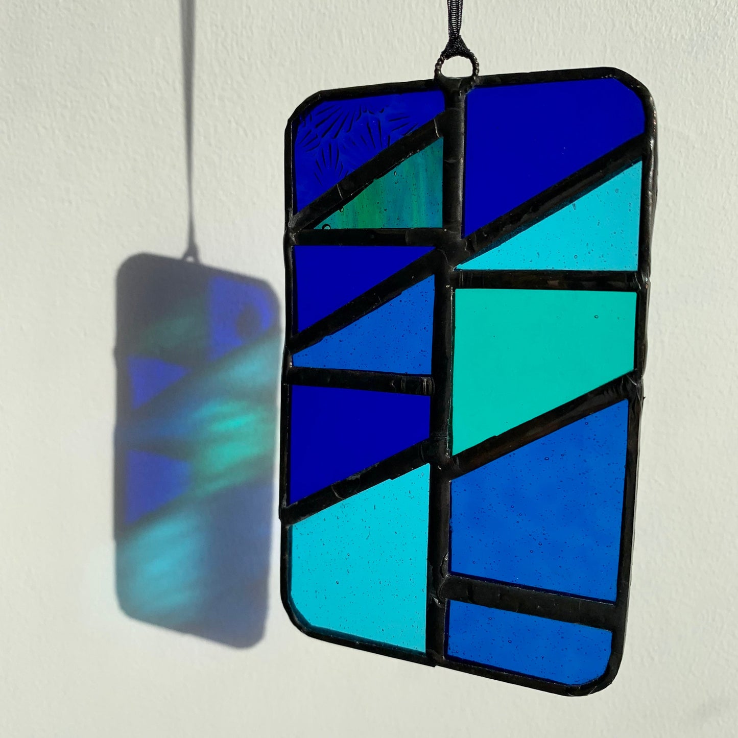 Handcrafted Stained Glass Suncatcher: Ocean Blue Geometric Design