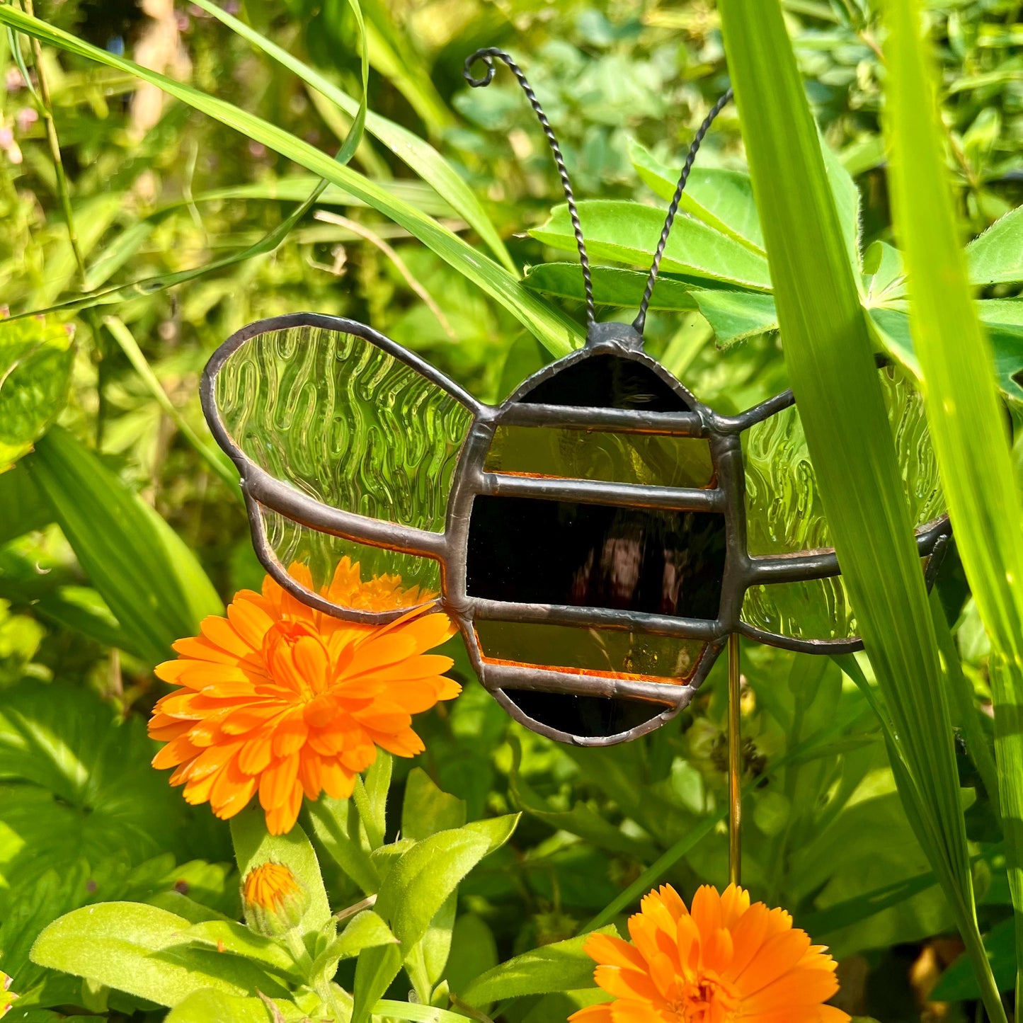 Stained Glass Bee Plant Stake: Iridescent Wings, Garden Decor