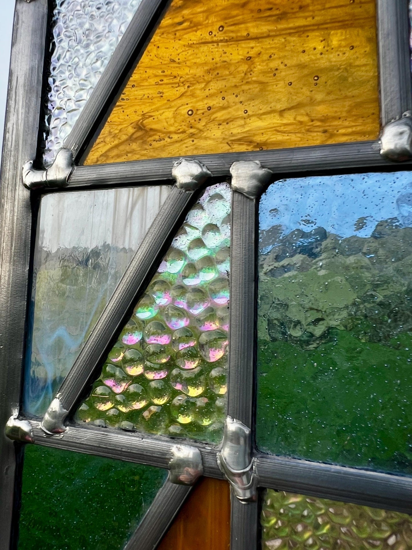 Handcrafted Leaded Stained Glass Panel, Weatherproof Garden Art