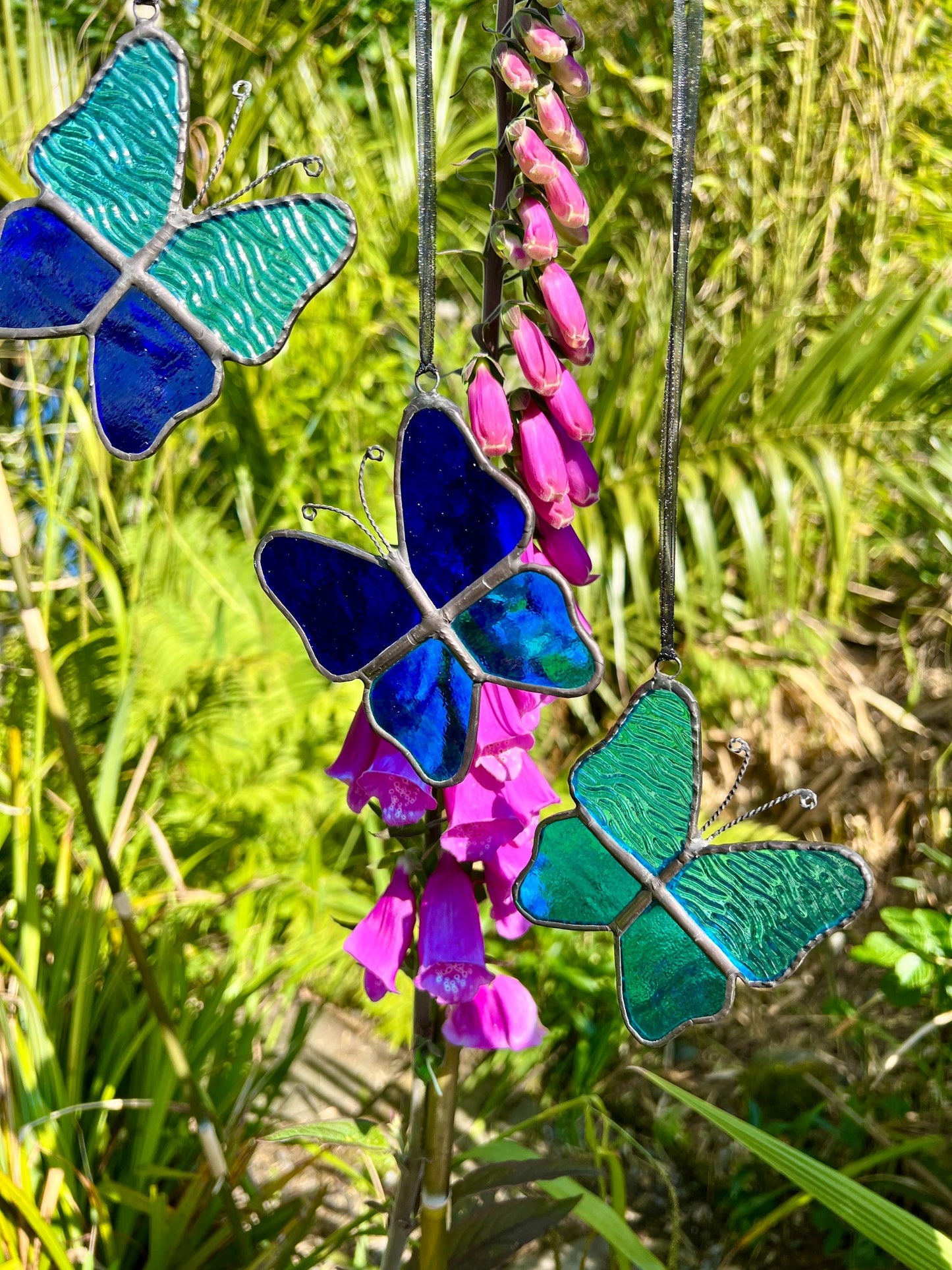 Stained Glass Butterfly Set: Turquoise & Cobalt Blue, Handcrafted